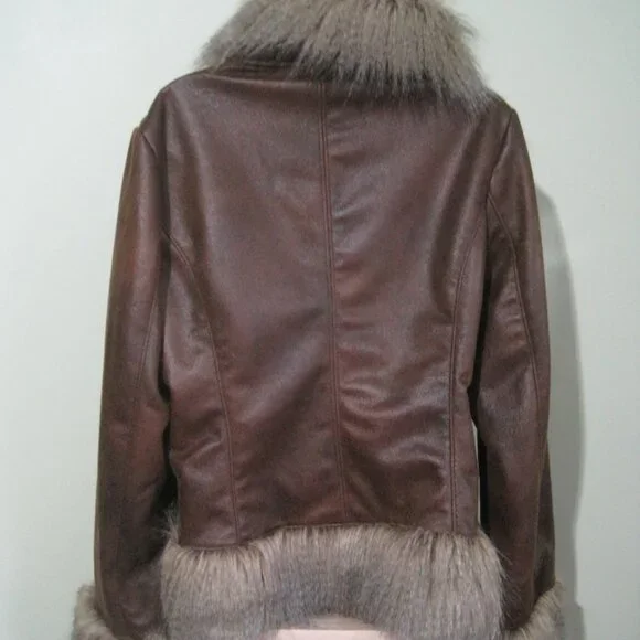 Hawke & Co Penny Lane Faux Vegan Leather Fur Trim Liner Brown Jacket Size L Boho - Picture 5 of 8